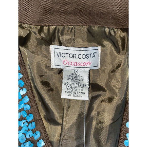 Victor Costa Blazer Women's‎ 1X brown with turquoise bead embellishments lined - Picture 9 of 12